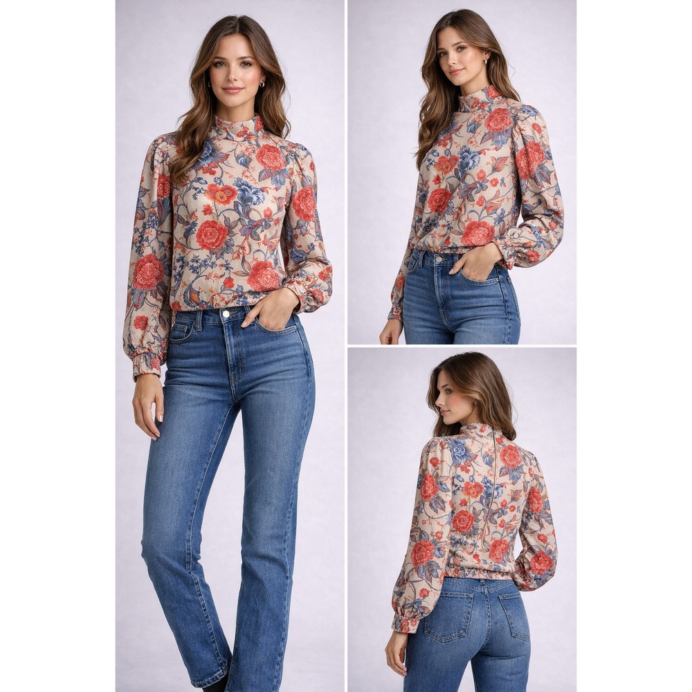 Vintage Rona New York Floral Mock Neck Blouse Long Sleeve Red Blue Beige 59